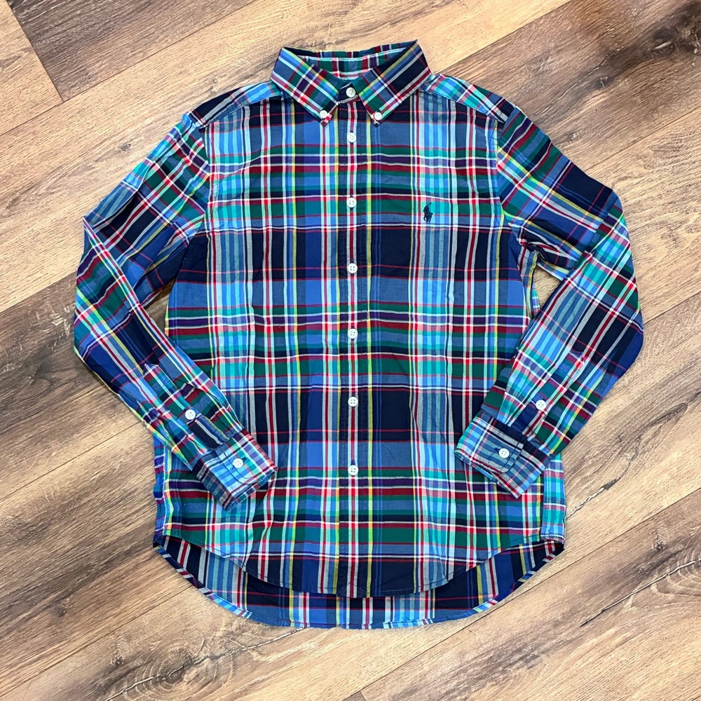 Ralph Lauren Blue Plaid Dress Shirt Button Down Long Sleeve Medium 10/12 Boy